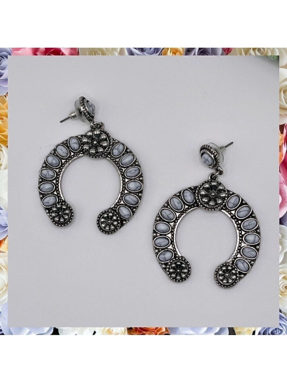 Western Boho Style Silver Concho Naja Earrings #880